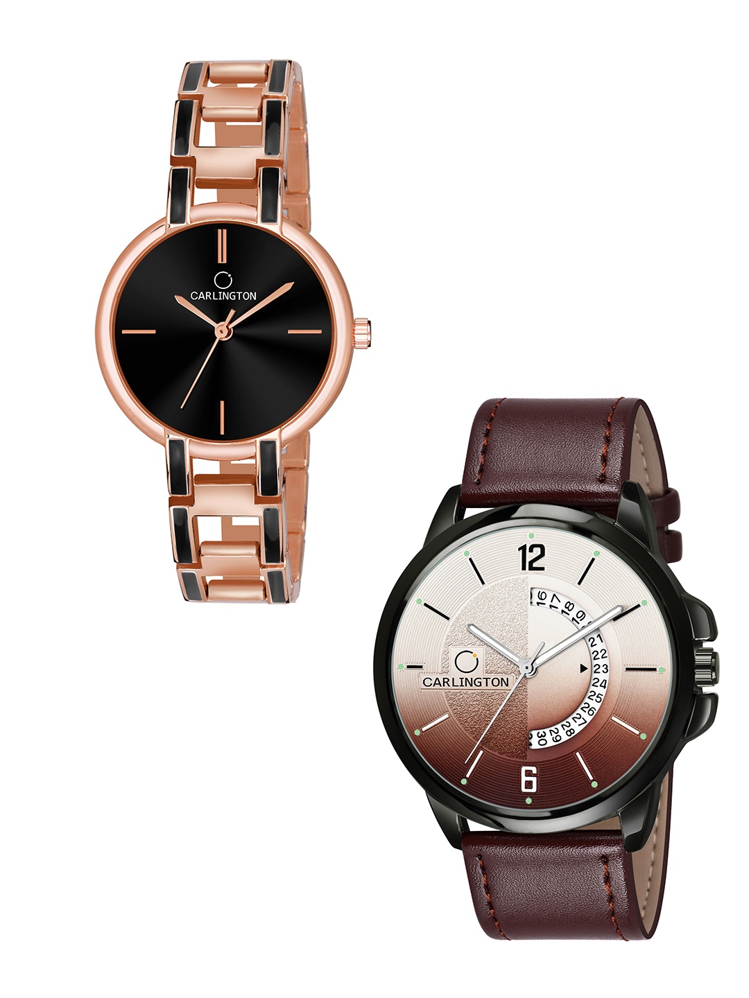 

CARLINGTON Unisex Black Dial & Rose Gold Toned Leather Straps Analogue Watch CT1030