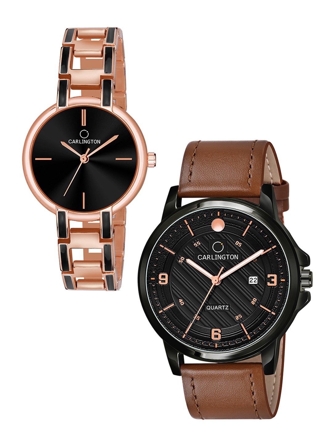 

CARLINGTON Unisex Black Dial & Rose Gold Toned Leather Straps Analogue Watch CT1050