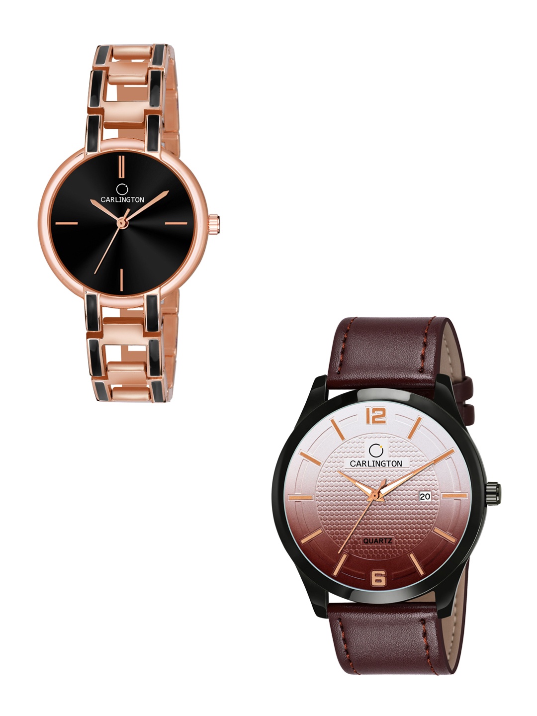 

CARLINGTON Unisex Black Dial & Rose Gold Toned Leather Straps Analogue Watch CT1010, Brown