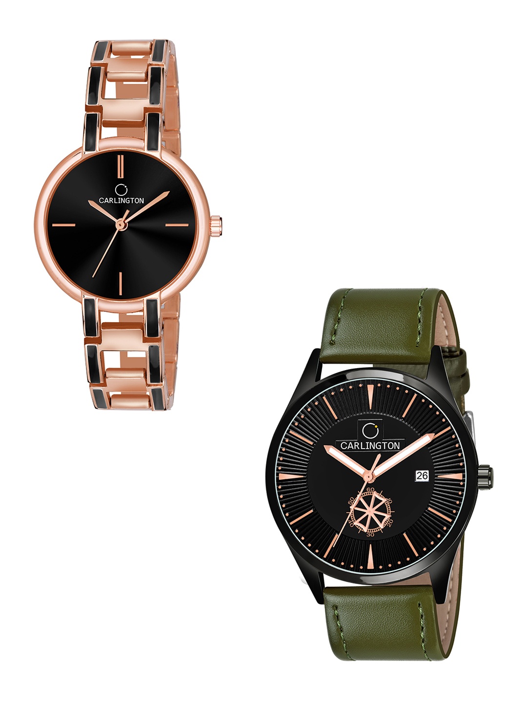 

CARLINGTON Unisex Black Dial & Rose Gold Toned Straps Analogue Watch CT1020
