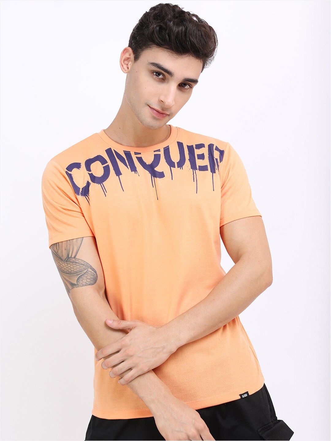 

HIGHLANDER Men Peach-Coloured Typography Slim Fit T-shirt