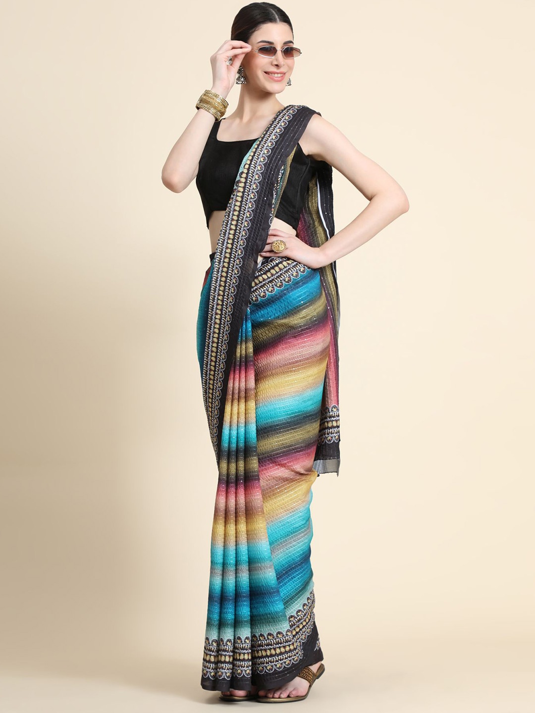 

AVANSHEE Multicolor Striped Pure Georgette Saree, Multi