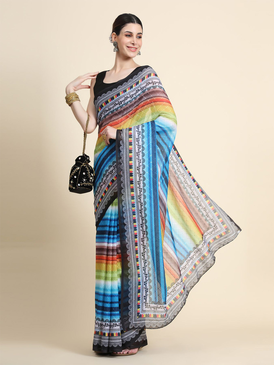 

AVANSHEE Blue & Green Striped Pure Georgette Saree