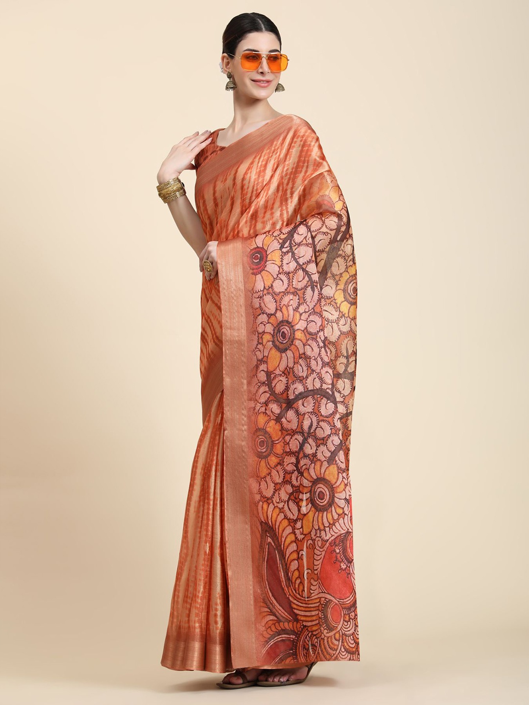 

AVANSHEE Orange & Yellow Zari Printed Pure Cotton Saree