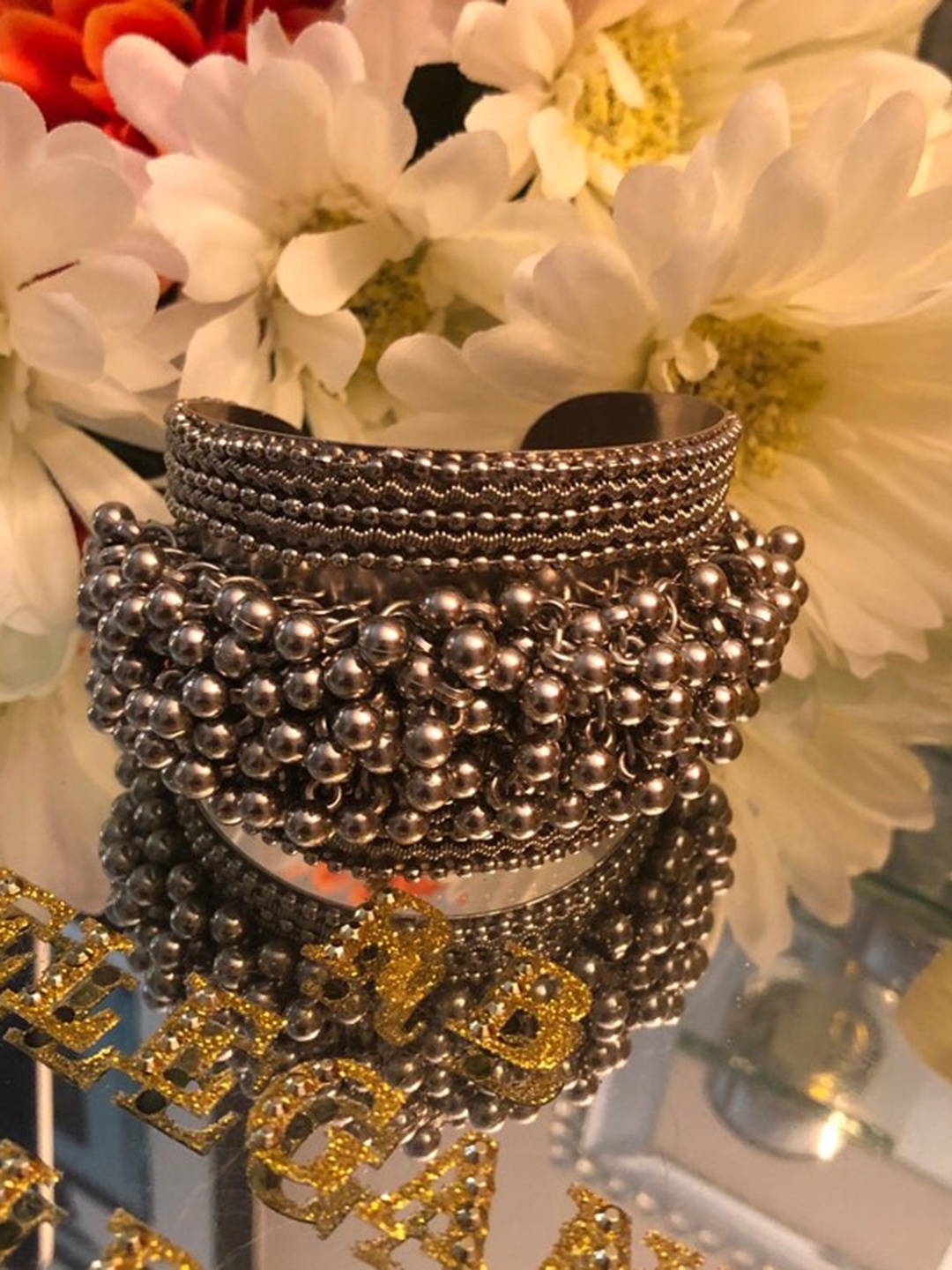 

Krelin Women Silver-Toned Brass-Plated Oxidised Cuff Bracelet