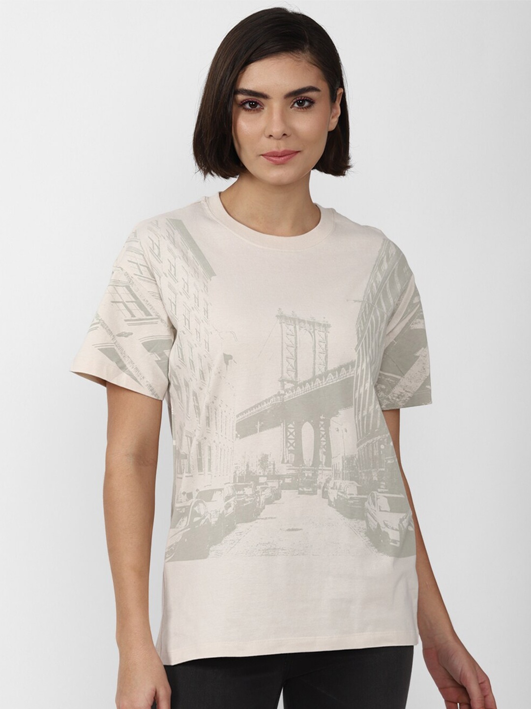 

FOREVER 21 Women Cream-Coloured Printed T-shirt
