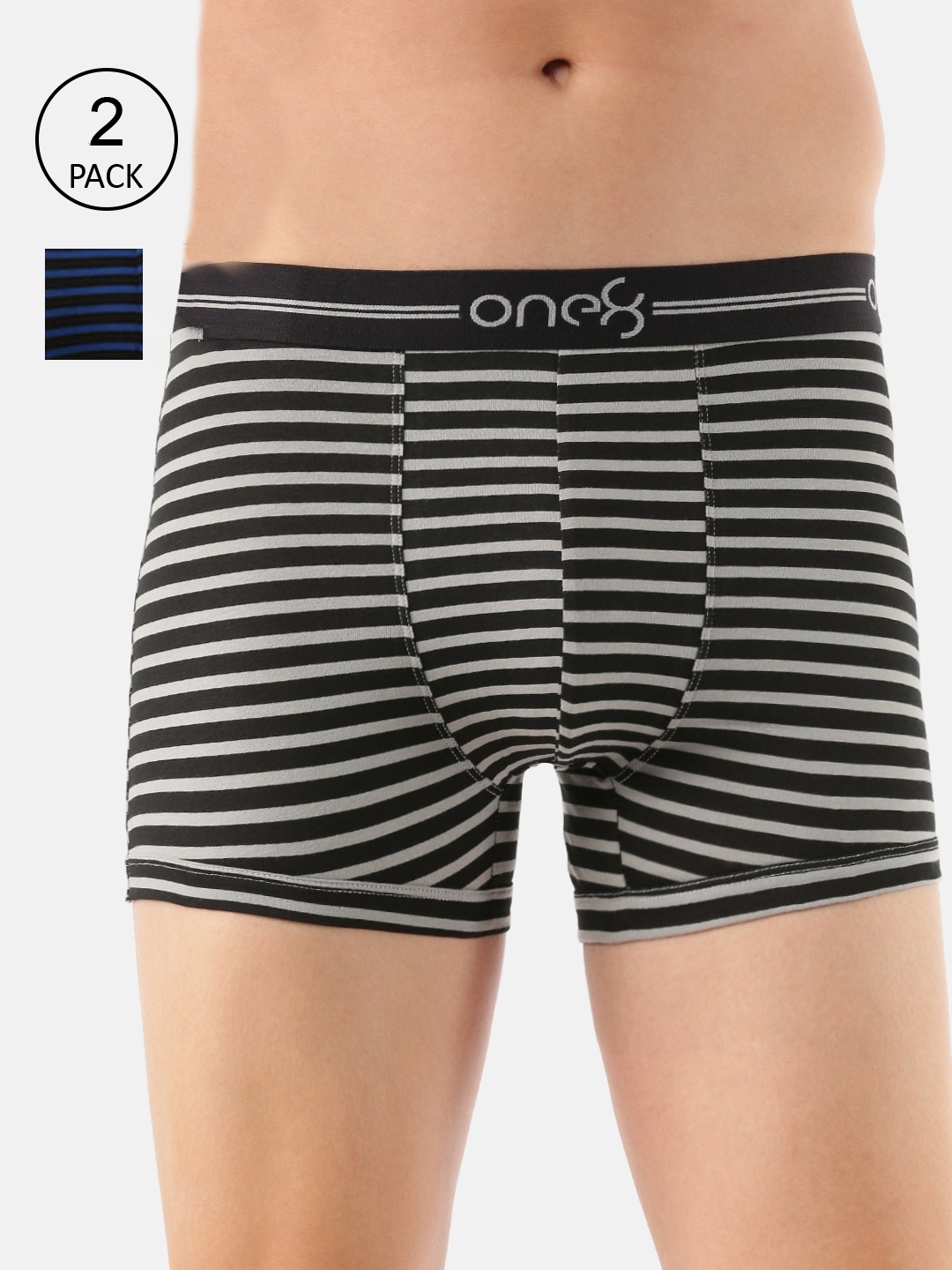 

one8 by Virat Kohli Men Pack Of 2 Blue & Grey Melange Striped Cotton Trunks 730-PO2