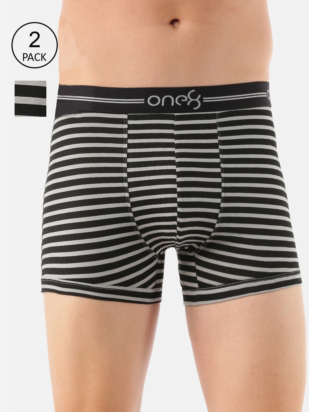 

one8 by Virat Kohli Men Pack Of 2 Grey & Grey Melange Striped Cotton Trunks 730-PO2-Grey-S