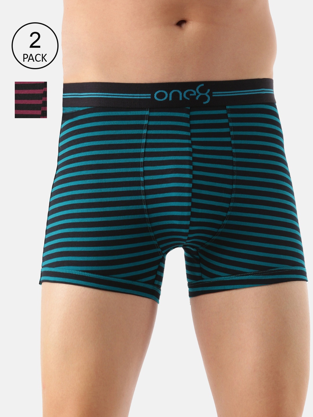 

one8 by Virat Kohli Men Pack Of 2 Striped Combed Cotton Trunk 730-PO2-Seagreen/Wine-S, Sea green