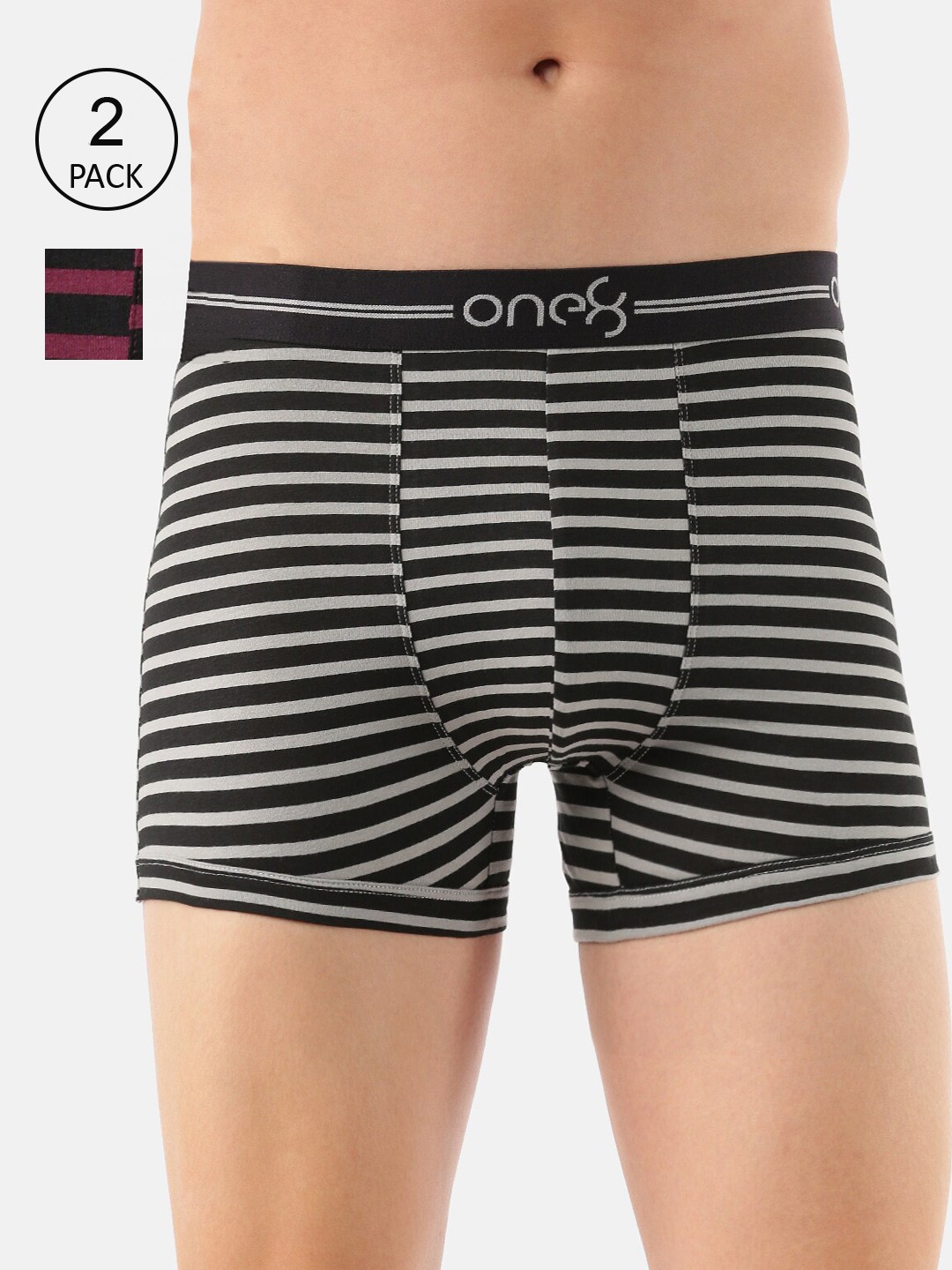 

one8 by Virat Kohli Men Pack Of 2 -Grey Melange & Maroon Striped Trunk 730-PO2-Grey/Wine-S