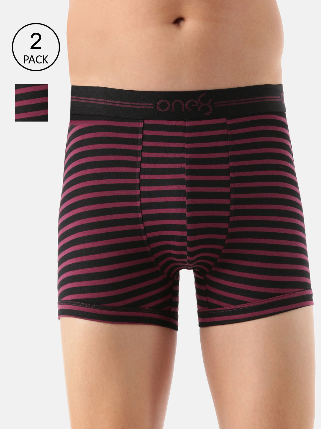 

one8 by Virat Kohli Men Pack Of 2 Burgundy Striped Cotton Trunks 730-PO2-Wine-S