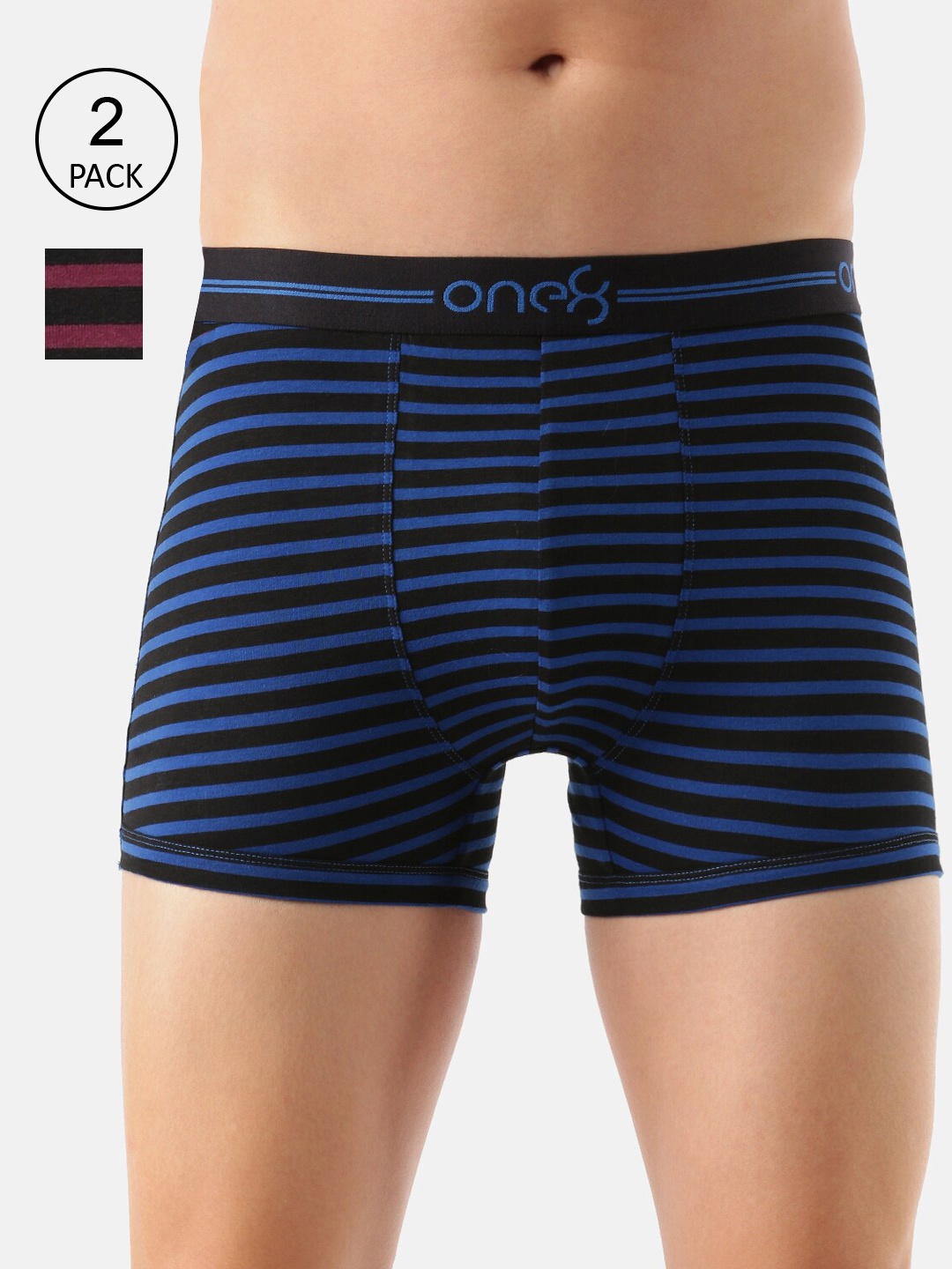 

one8 by Virat Kohli Men Pack Of 2 Striped Cotton Trunks 730-PO2-Rblue/Wine-S, Blue