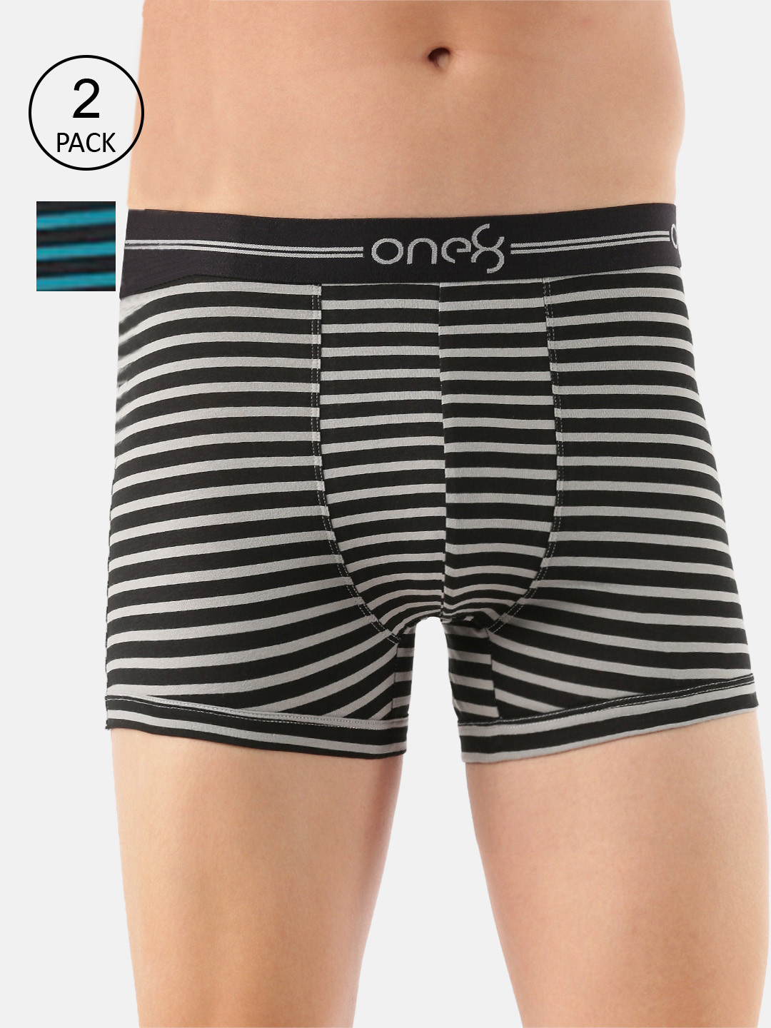 

one8 by Virat Kohli Men Pack Of 2 Striped Combed Cotton Trunks 730-PO2-Grey/Seagreen-S-, Grey melange