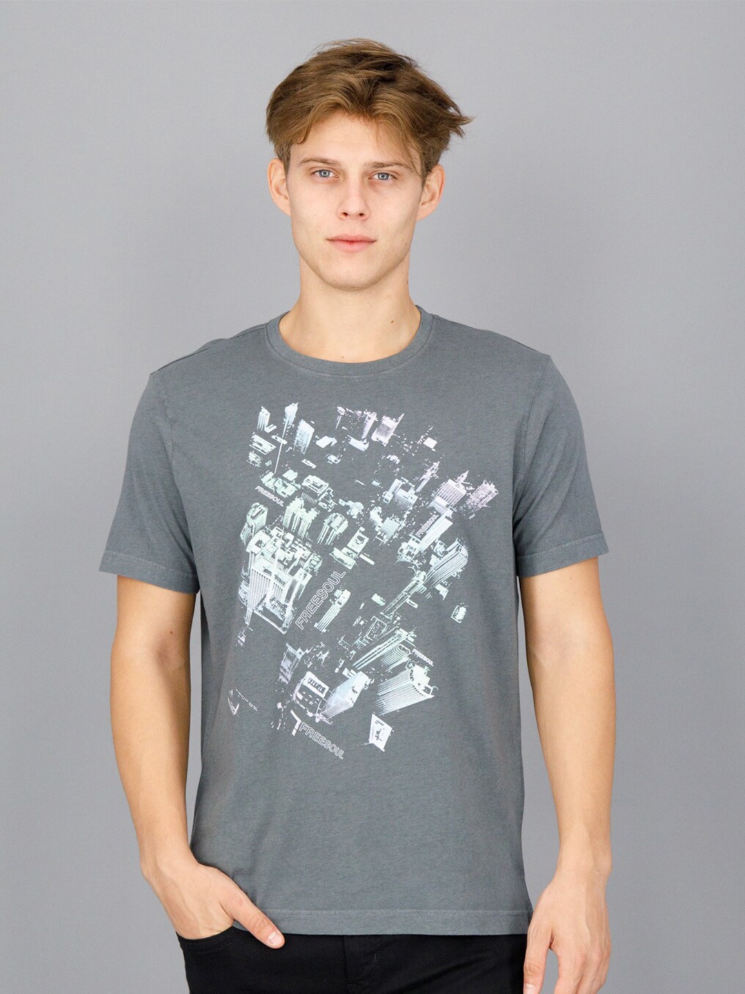 

FREESOUL Men Grey Printed T-shirt