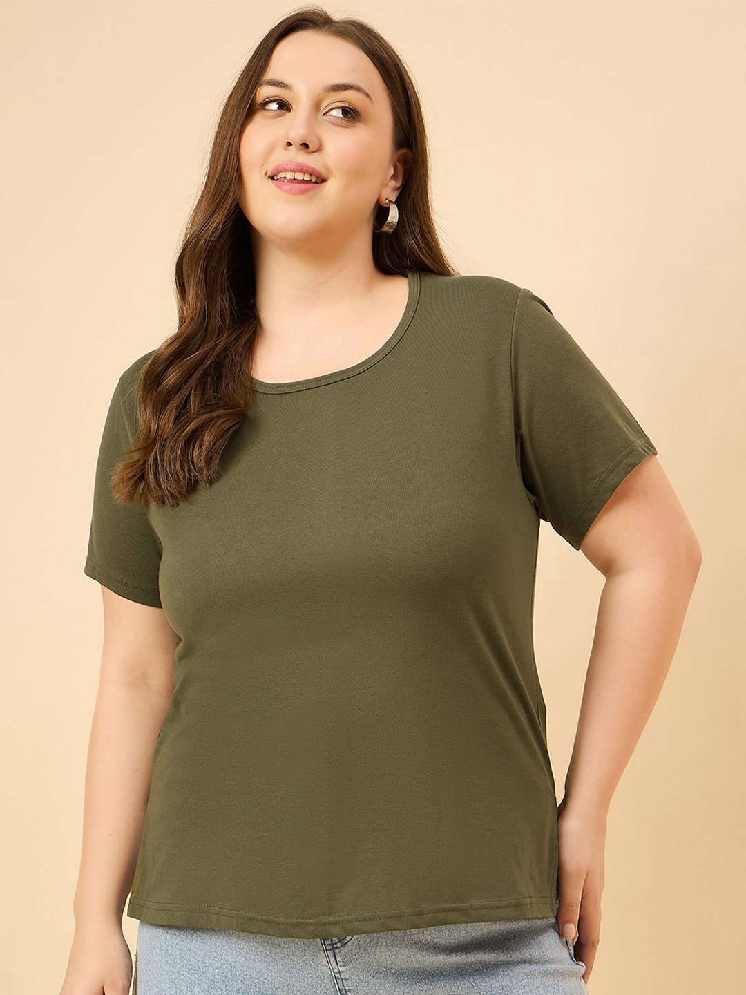 

CUPID Women Plain Cotton T-Shirt, Olive