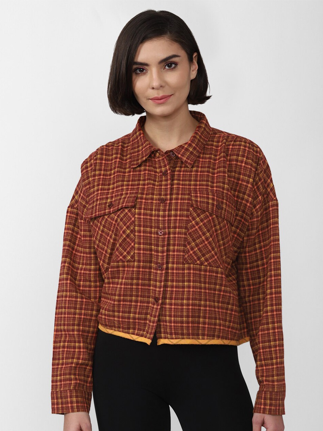 

FOREVER 21 Women Brown Checked Pure Cotton Casual Shirt