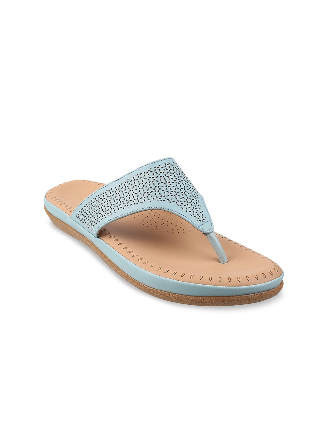 

WALKWAY by Metro Women Blue Textured T-Strap Flats with Laser Cuts