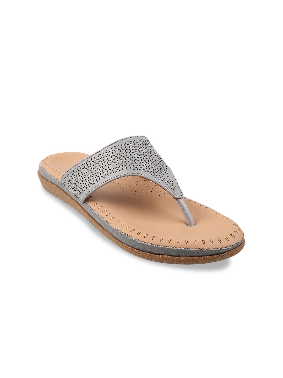 

WALKWAY by Metro Women Grey Textured T-Strap Flats with Laser Cuts