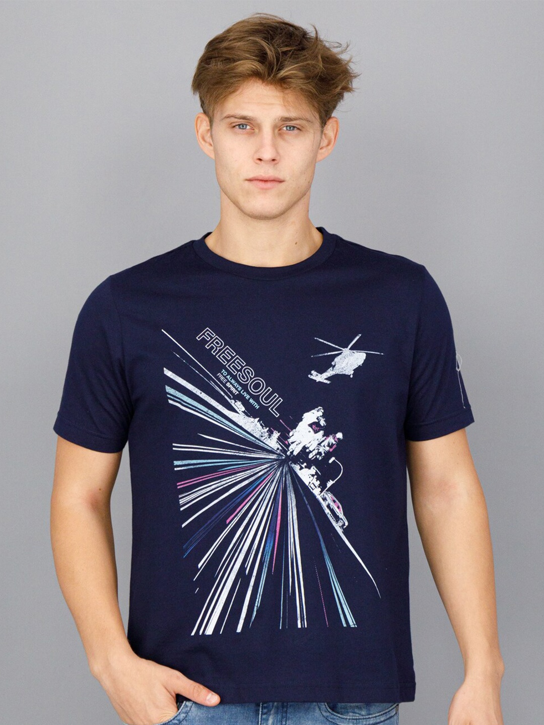 

FREESOUL Men Blue Printed T-shirt