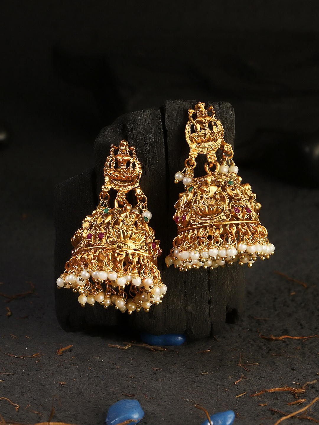 

Adwitiya Collection 24CT Gold-Plated & White Antique Temple Stone-Studded Jhumkas Earrings