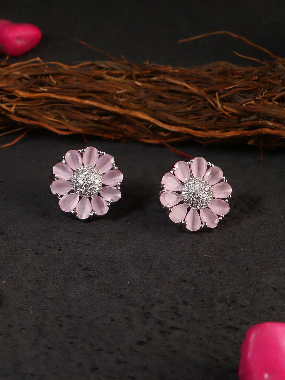 

Adwitiya Collection Pink & Silver-Plated Classic Flower Studs Earrings