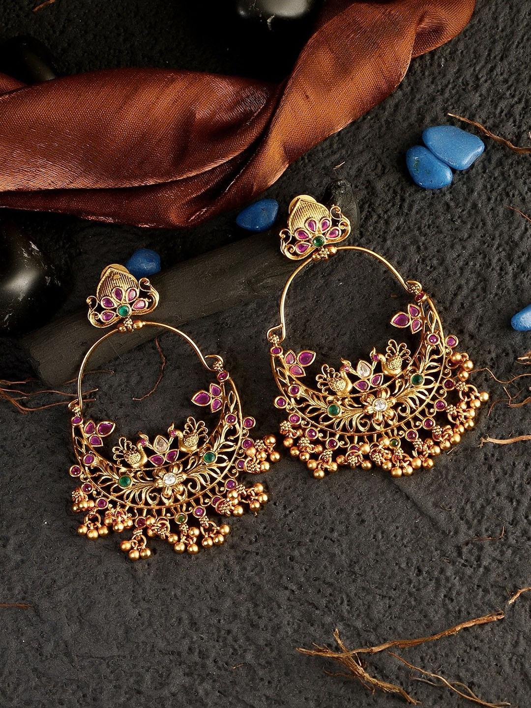 

Adwitiya Collection Gold-Plated Green & Pink Peacock Shaped Chandbalis Earrings