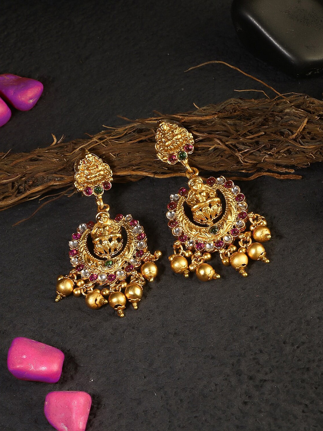 

Adwitiya Collection Gold-Plated & Pink Antique Laxmi Classic Chandbalis Earrings