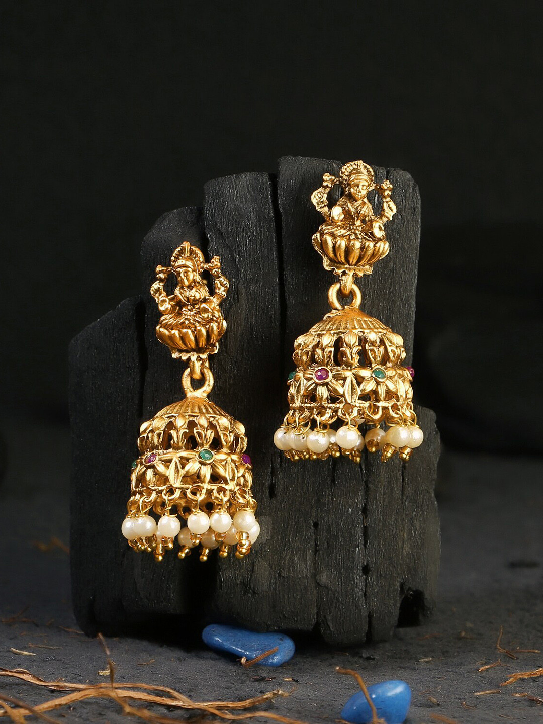 

Adwitiya Collection 24CT Gold-Plated & White Antique Temple Stone-Studded Jhumkas Earrings