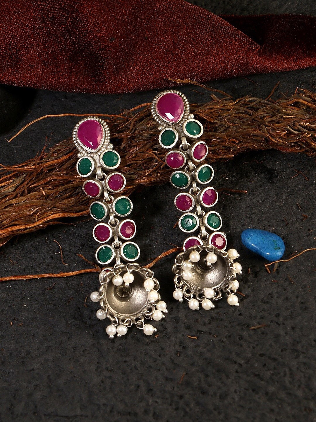 

Adwitiya Collection Silver-Plated Pink & Green Stone-Studded Classic Jhumkas Earrings