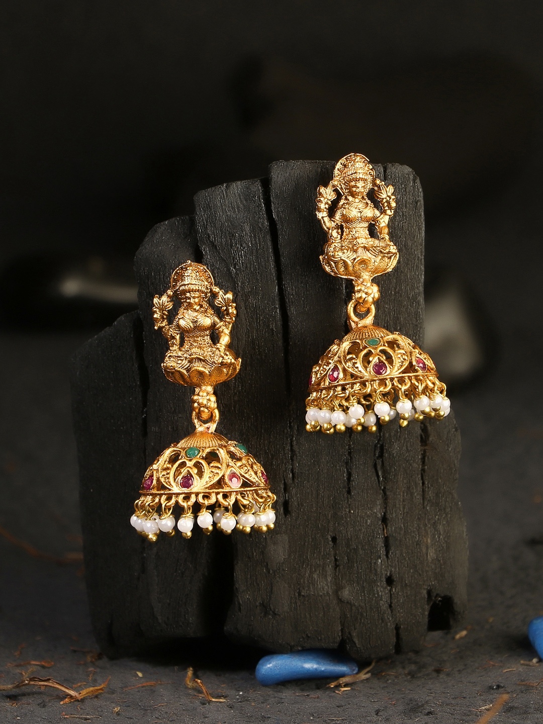 

Adwitiya Collection 24CT Gold-Plated & Pink Antique Temple Stone-Studded Jhumkas Earrings