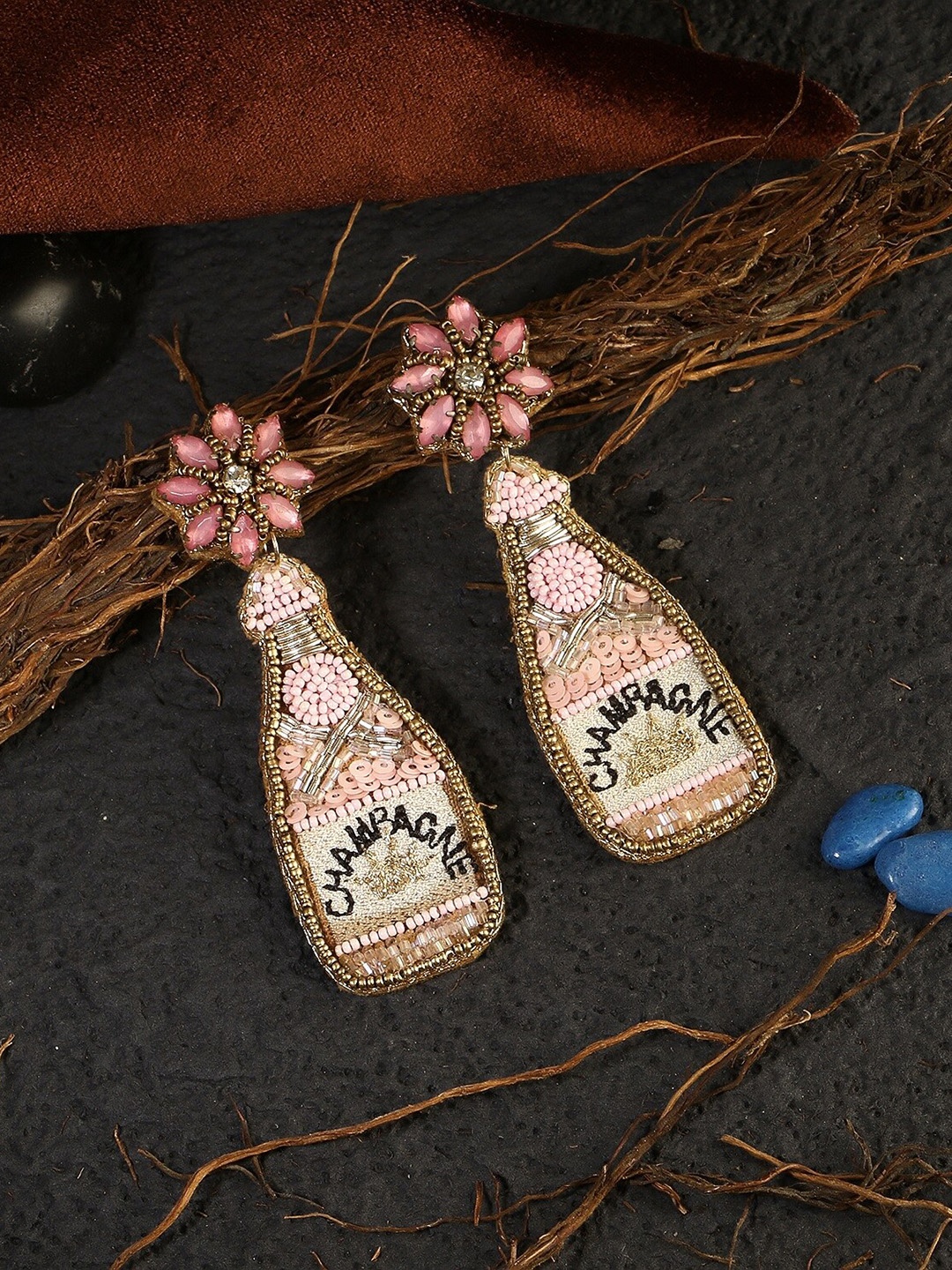 

Adwitiya Collection Pink & Gold-Plated Beaded with Stone-Studded Drop Earrings