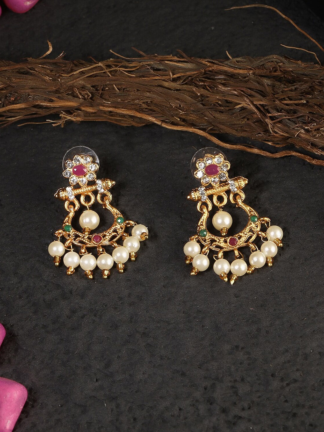 

Adwitiya Collection Gold-Plated & White Stone-Studded & Pearl Classic Drop Earrings