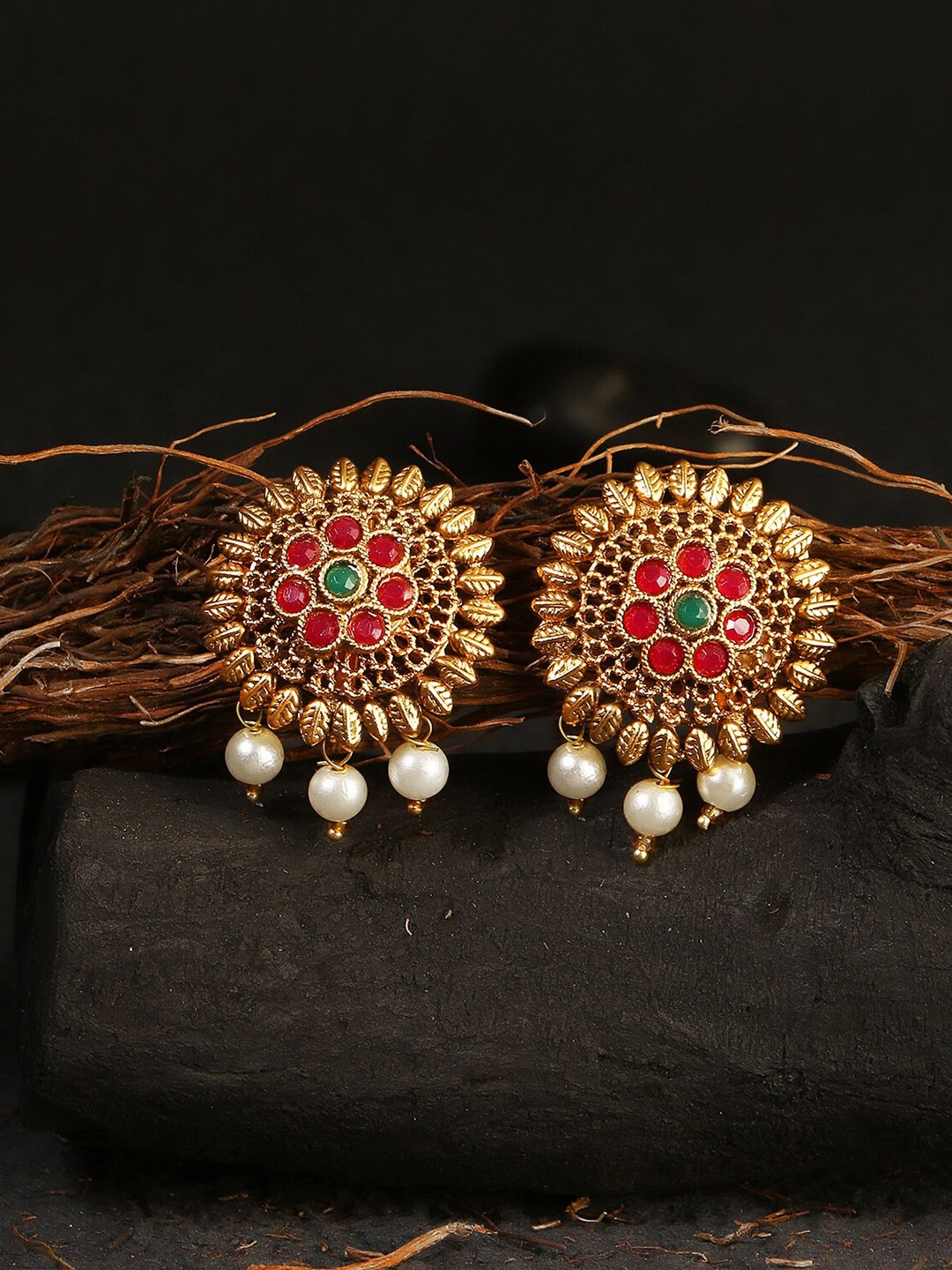

Adwitiya Collection 24 CT Gold-Plated Pink & White Stone-Studded Temple Studs Earrings