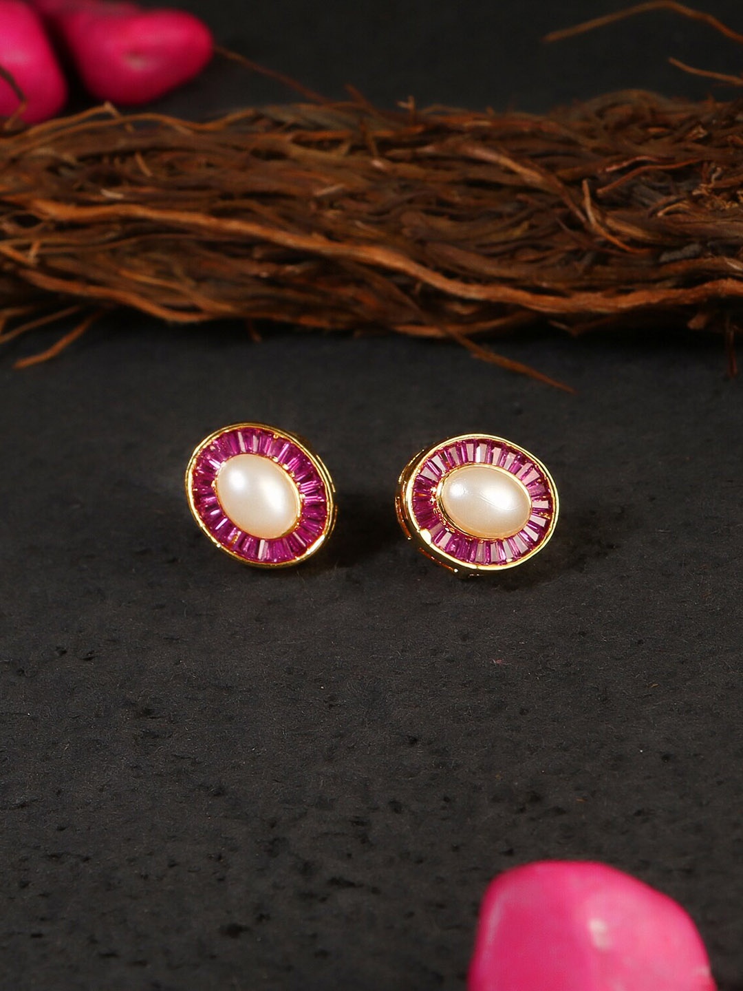 

Adwitiya Collection Gold-Plated & Pink Pearl and Gems Studs Earrings