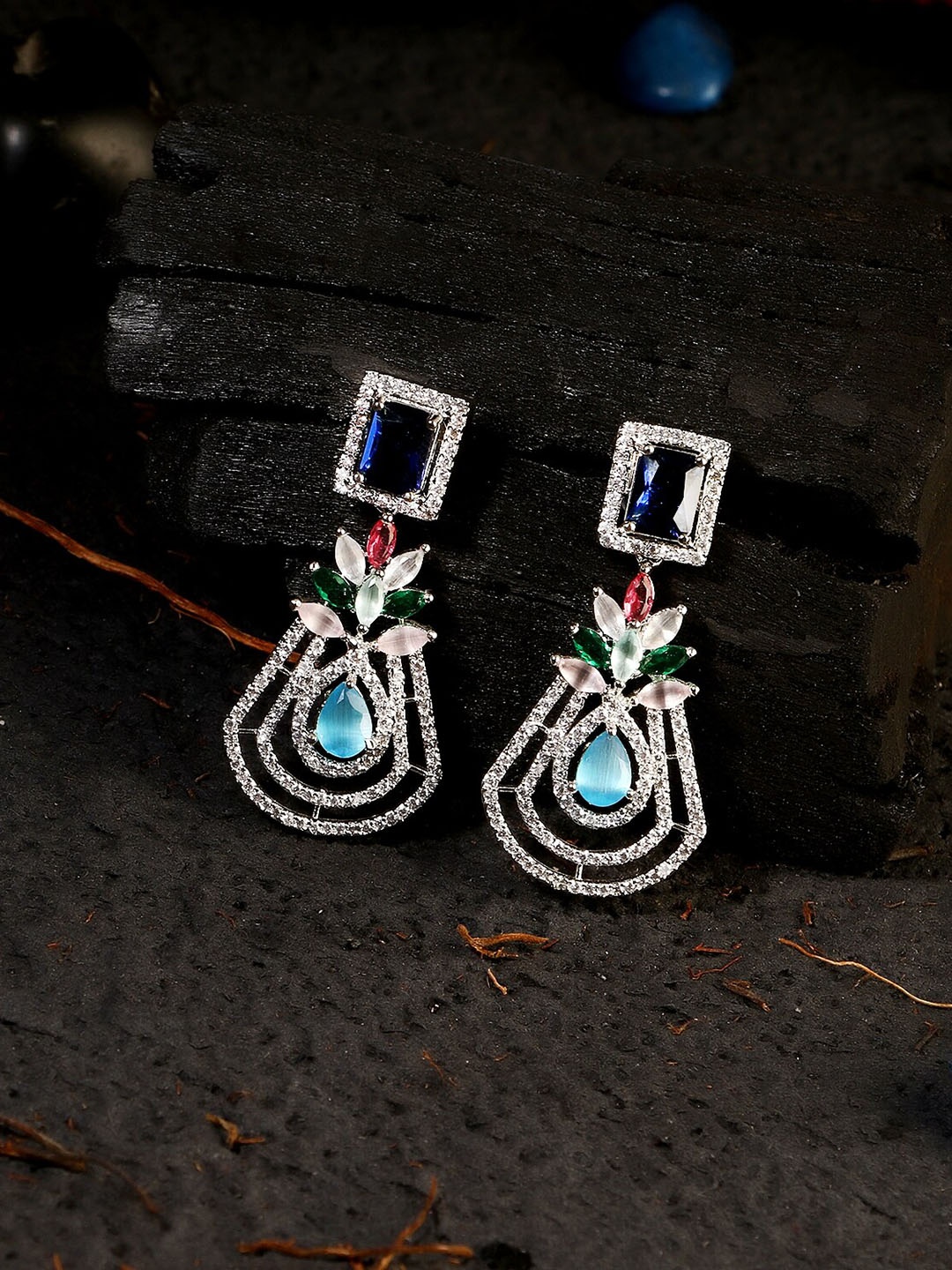 

Adwitiya Collection White & Blue Rhodium-Plated Stone-Studded Classic Drop Earrings