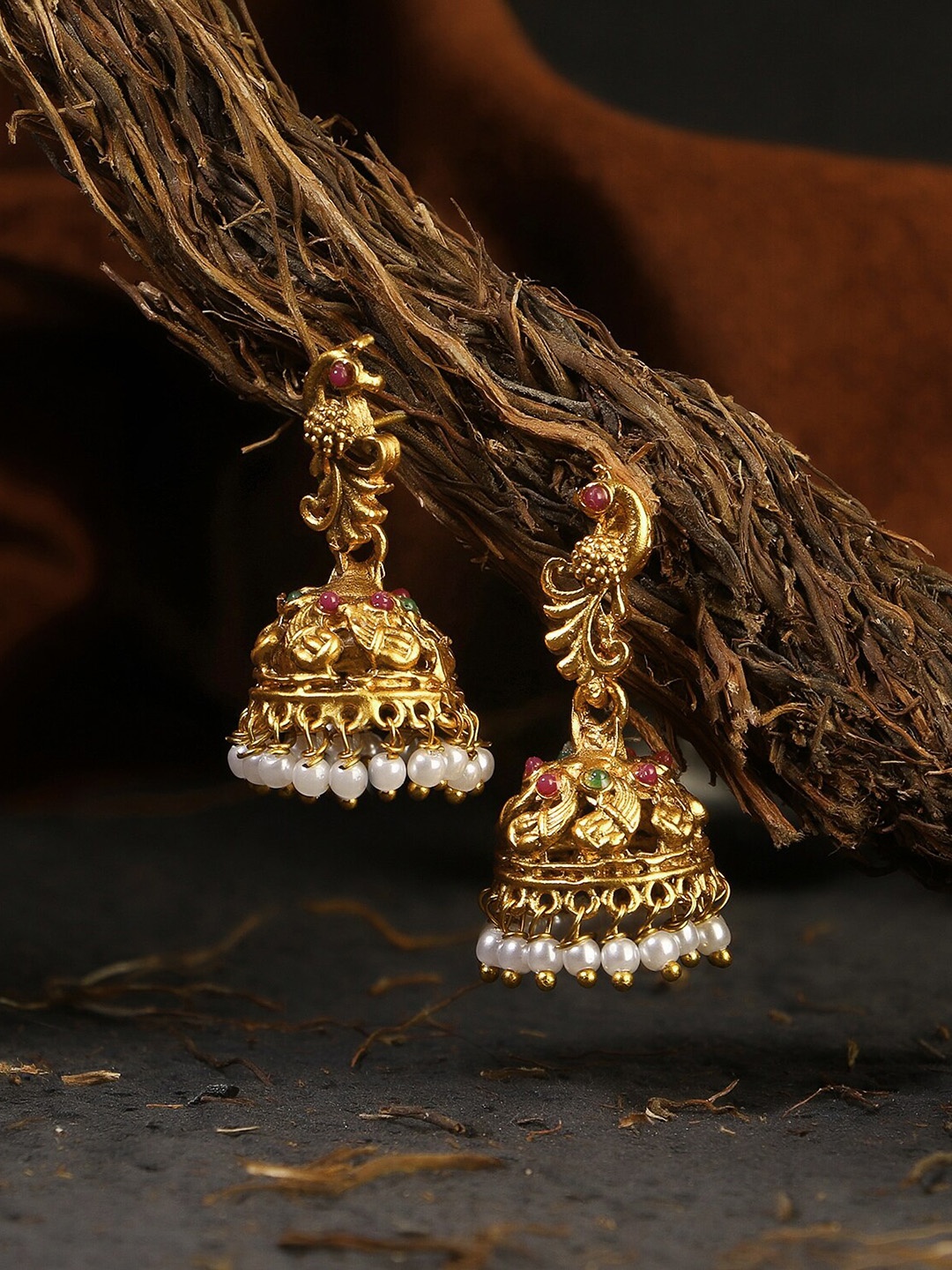 

Adwitiya Collection 24CT Gold-Plated & Pink Classic Stone-Studded Jhumkas Earrings