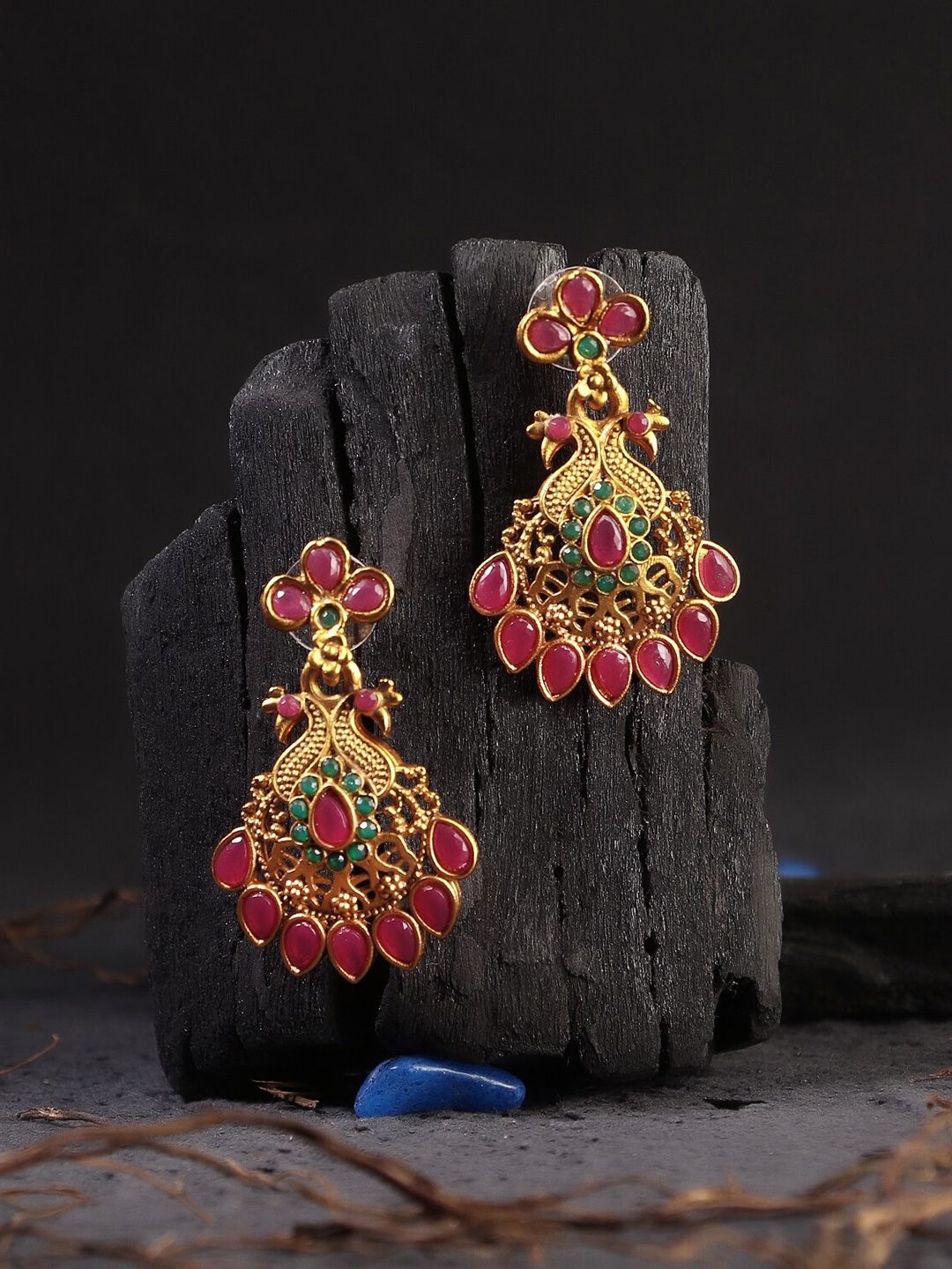 

Adwitiya Collection Gold-Plated & Pink Peacock Shaped Drop Earrings