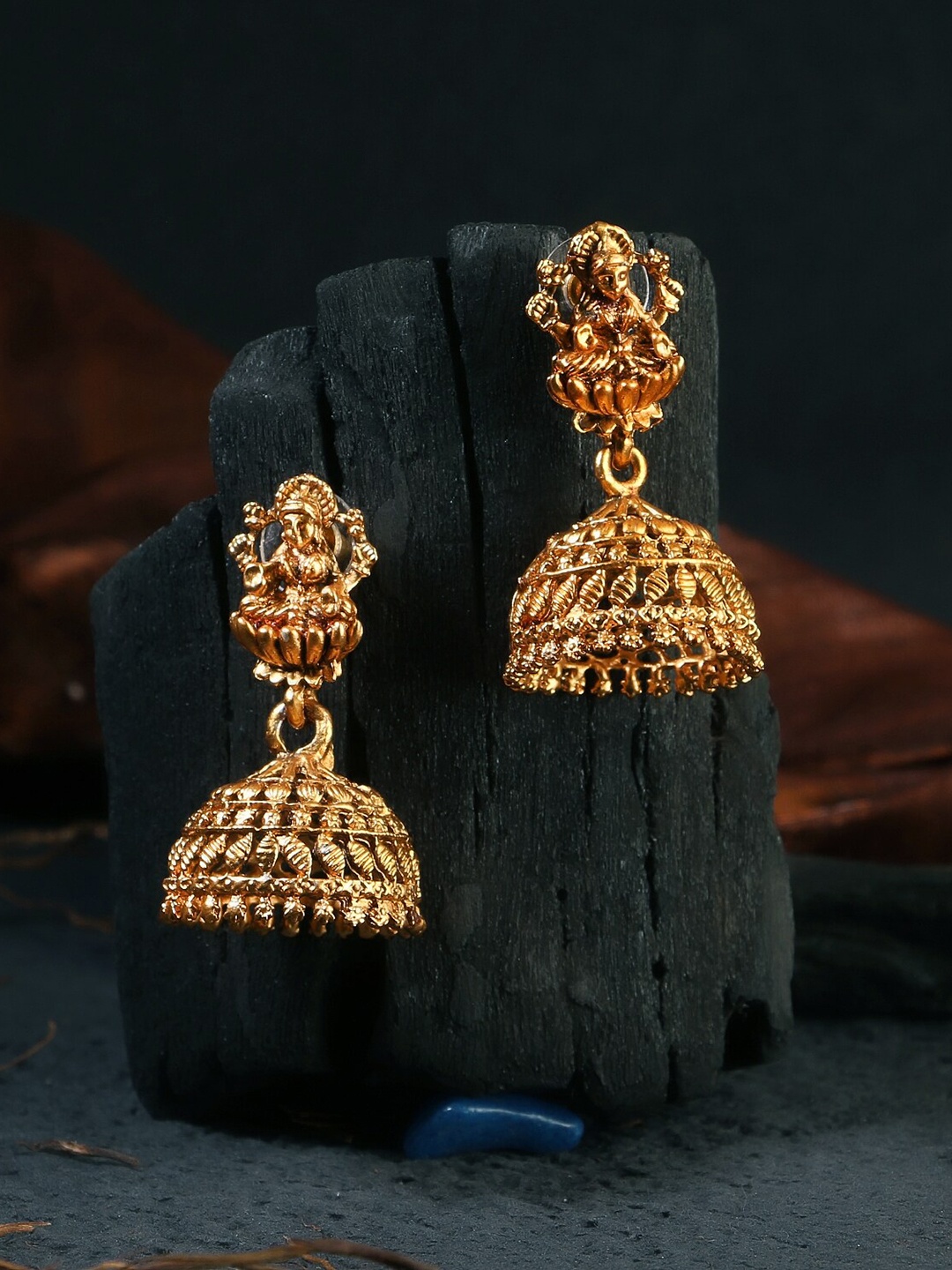 

Adwitiya Collection 24CT Gold-Plated Antique Laxmi Temple Jhumkas Earrings