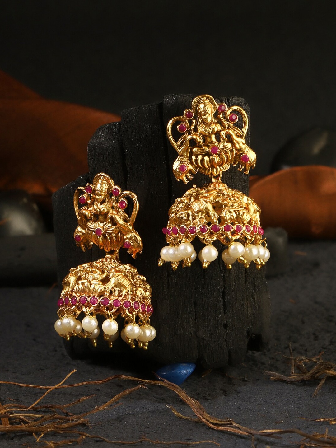 

Adwitiya Collection 24CT Gold-Plated & Pink Antique Laxmi Stone-Studded Jhumkas Earrings