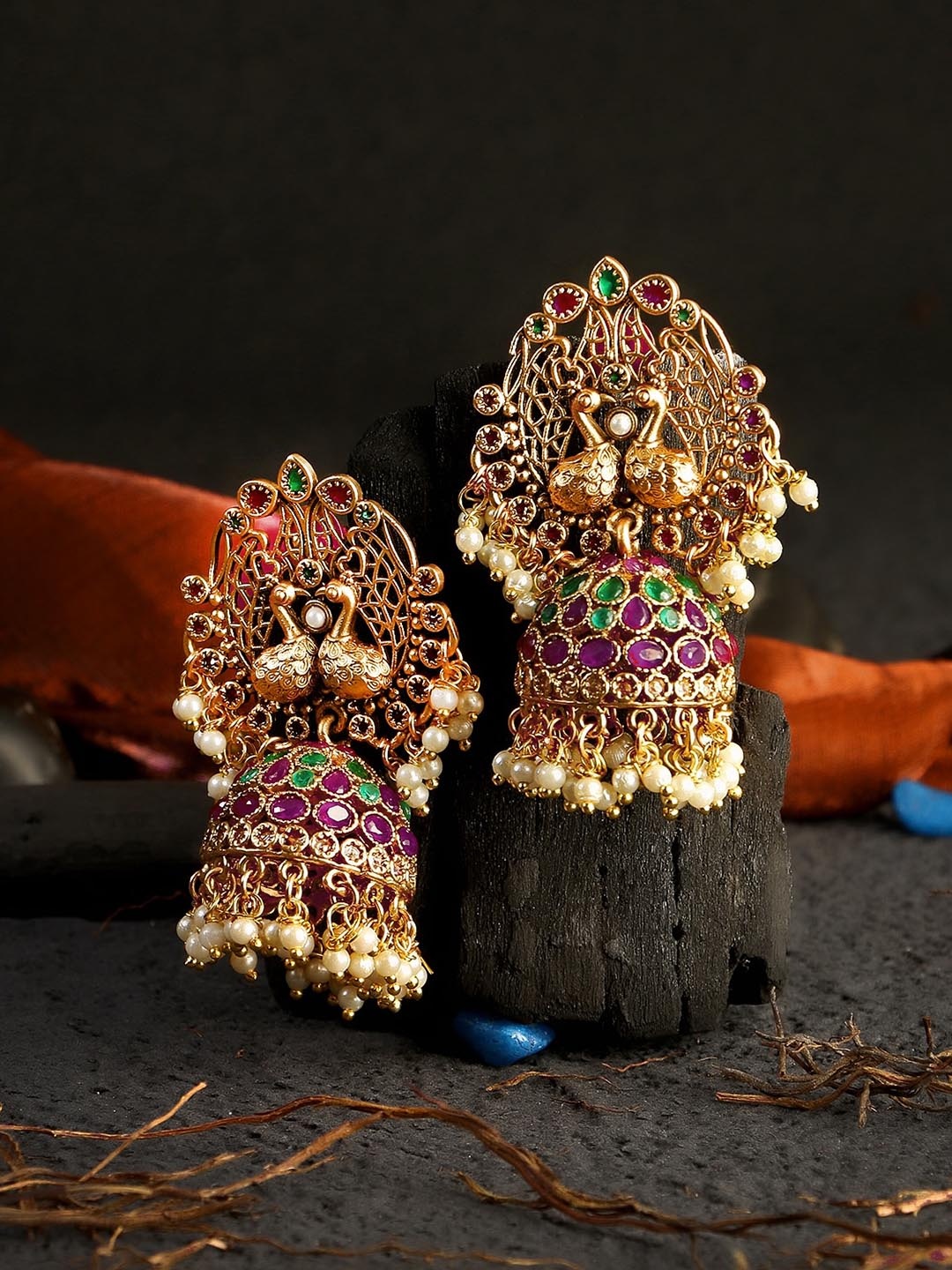 

Adwitiya Collection 24CT Gold-Plated & Pink Peacock Shaped Temple Jhumkas Earrings