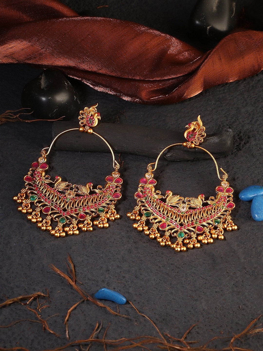 

Adwitiya Collection Gold-Plated & Pink Stone-Studded Peacock Shaped Chandbalis Earrings