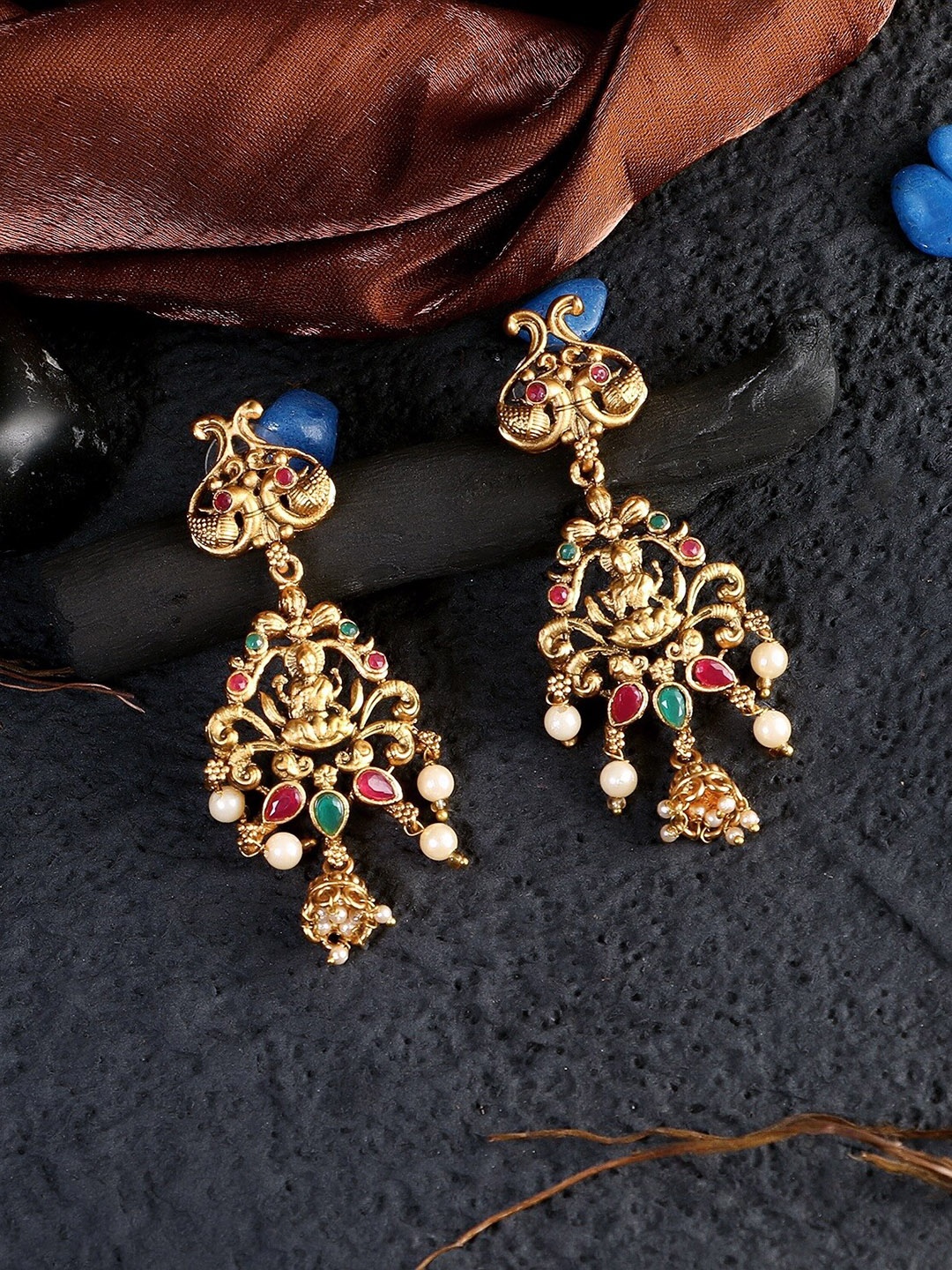 

Adwitiya Collection Gold-Plated & Pink Antique Laxmi Stone-Studded Chandbalis Earrings