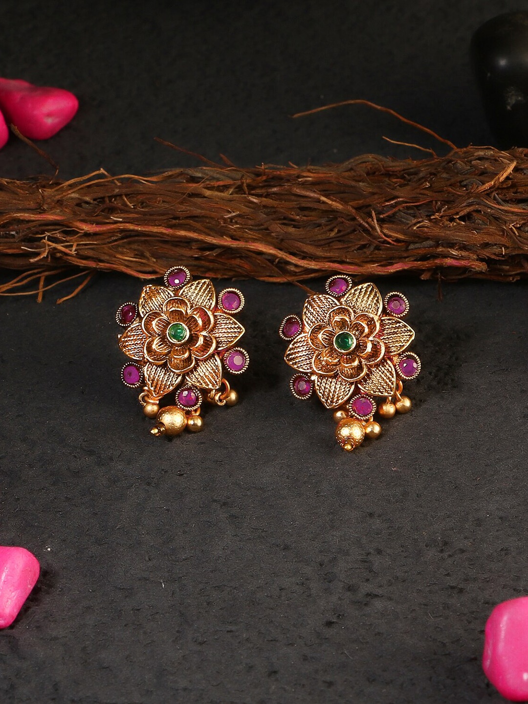 

Adwitiya Collection 24 CT Gold-Plated Pink & Green Stone-Studded Floral Studs Earrings