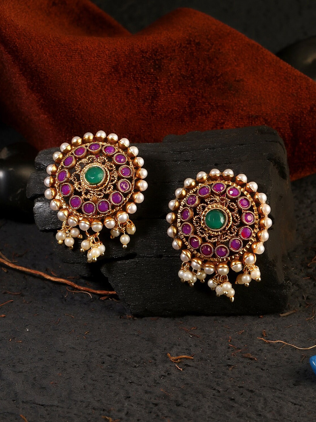 

Adwitiya Collection Gold-Plated Pink & White Stone-Studded Classic Studs Earrings