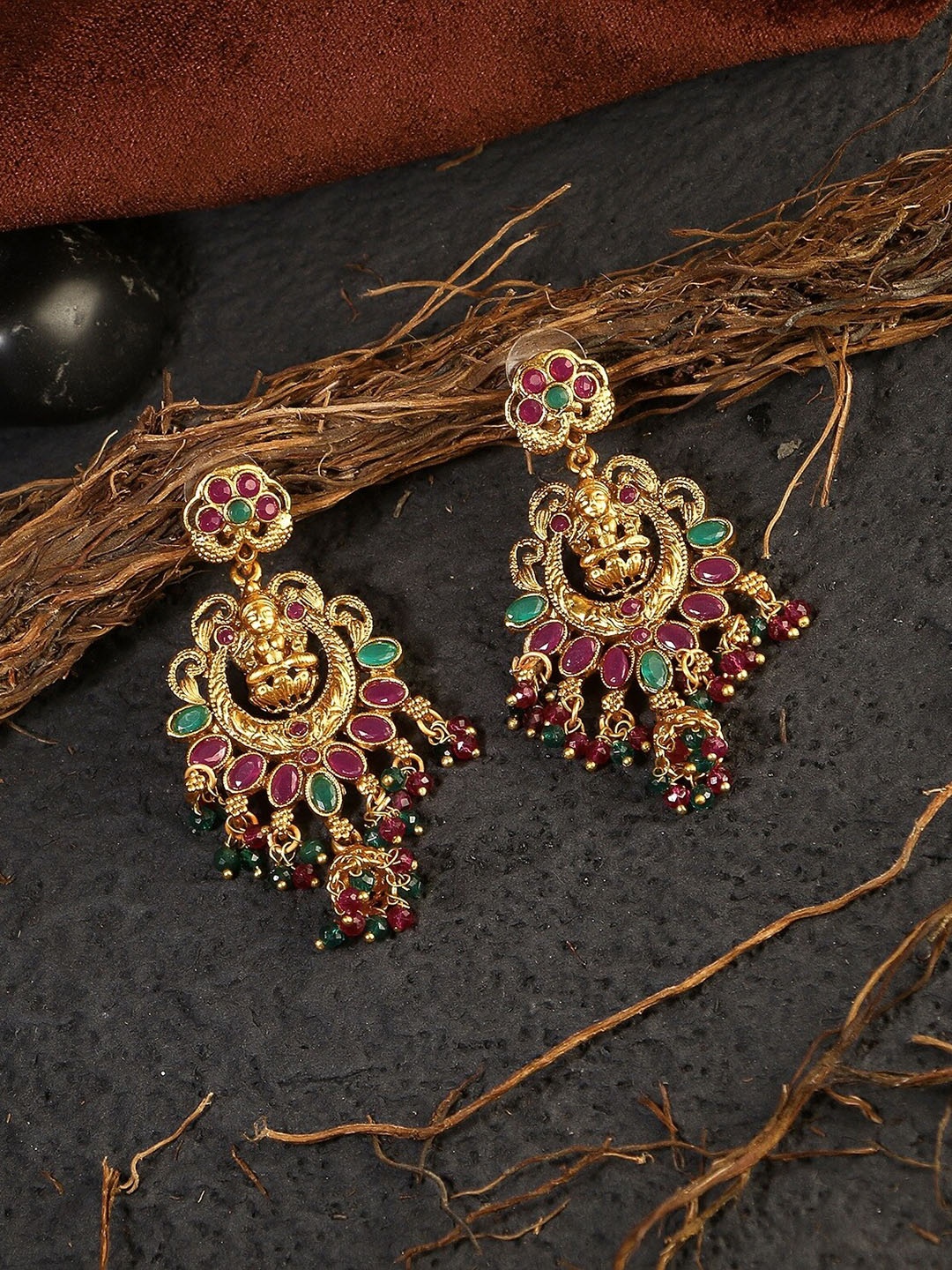 

Adwitiya Collection Gold-Plated & Pink Stone Studded Antique Laxmi Drop Earrings