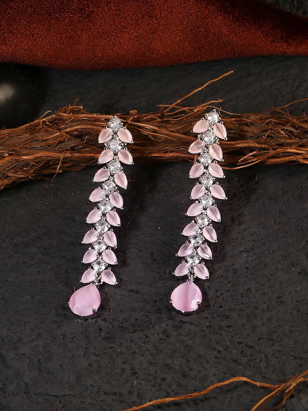 

Adwitiya Collection Silver-Plated Pink & White American Diamond Classic Drop Earrings