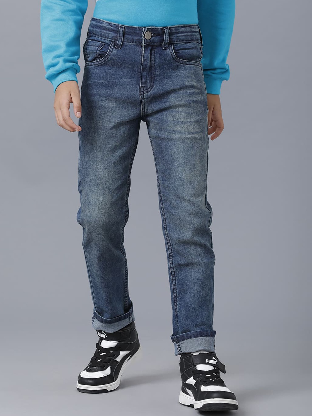

UNDER FOURTEEN ONLY Boys Navy Blue Slim Fit Heavy Fade Cotton Jeans