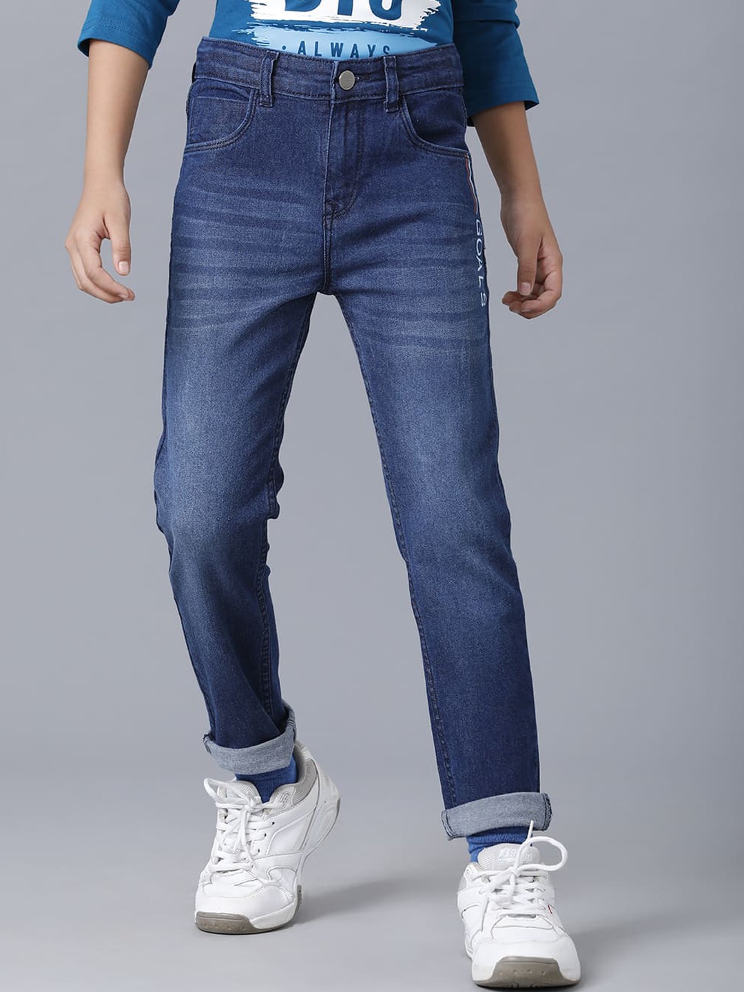 

UNDER FOURTEEN ONLY Boys Navy Blue Slim Fit Low Distress Light Fade Cotton Jeans