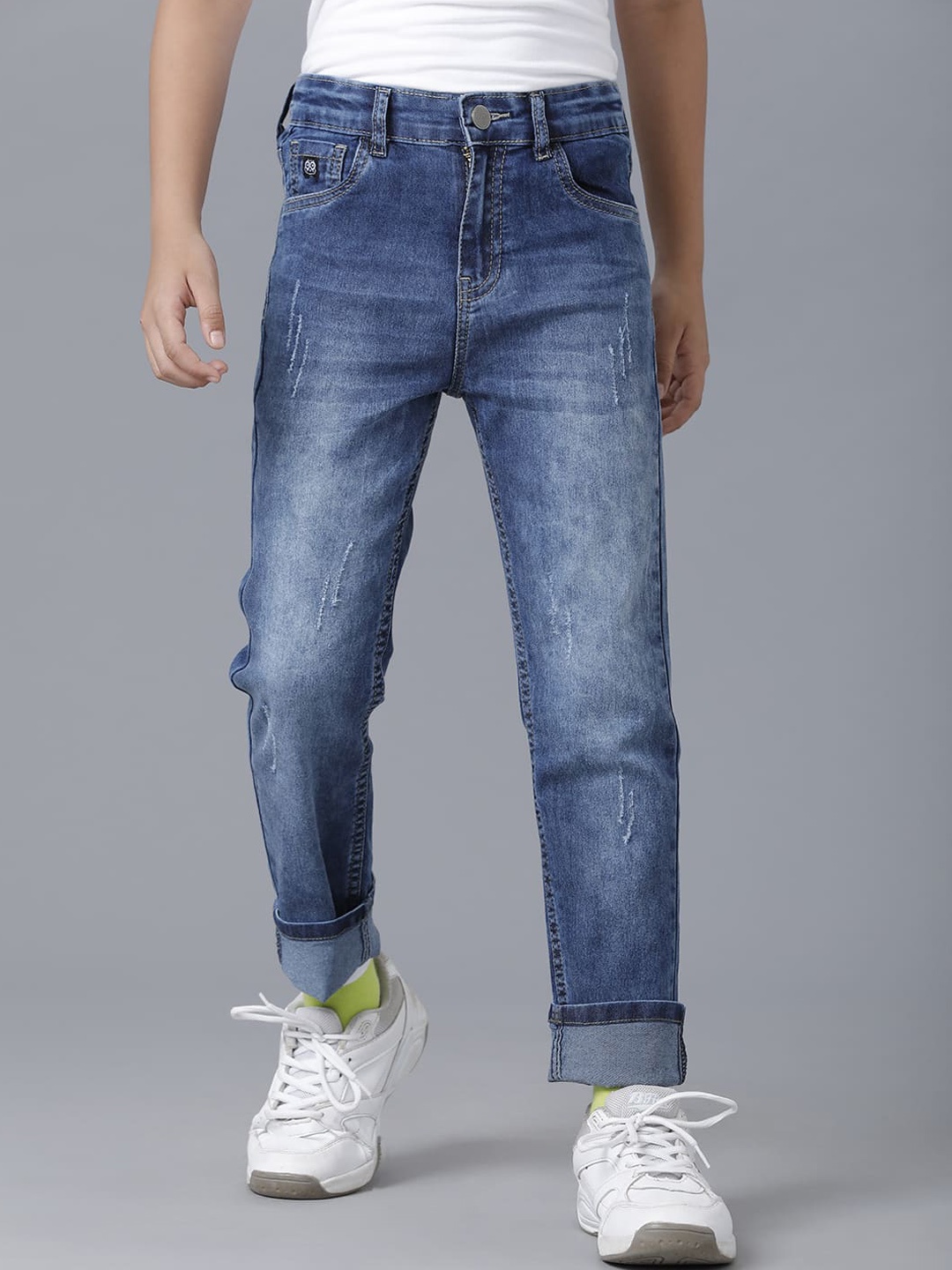 

UNDER FOURTEEN ONLY Boys Navy Blue Slim Fit Low Distress Heavy Fade Cotton Jeans