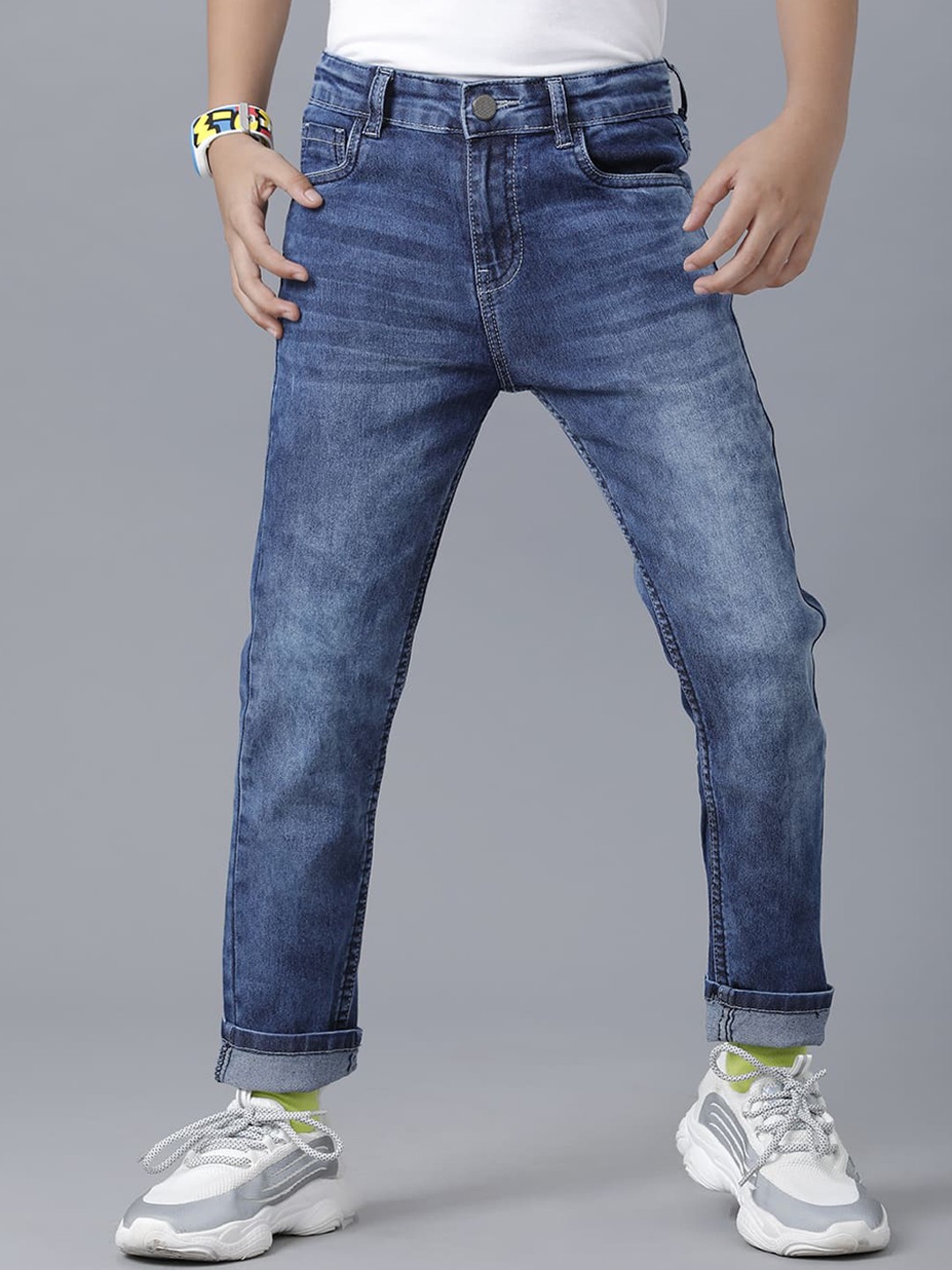 

UNDER FOURTEEN ONLY Boys Blue Slim Fit Low Distress Heavy Fade Cotton Jeans